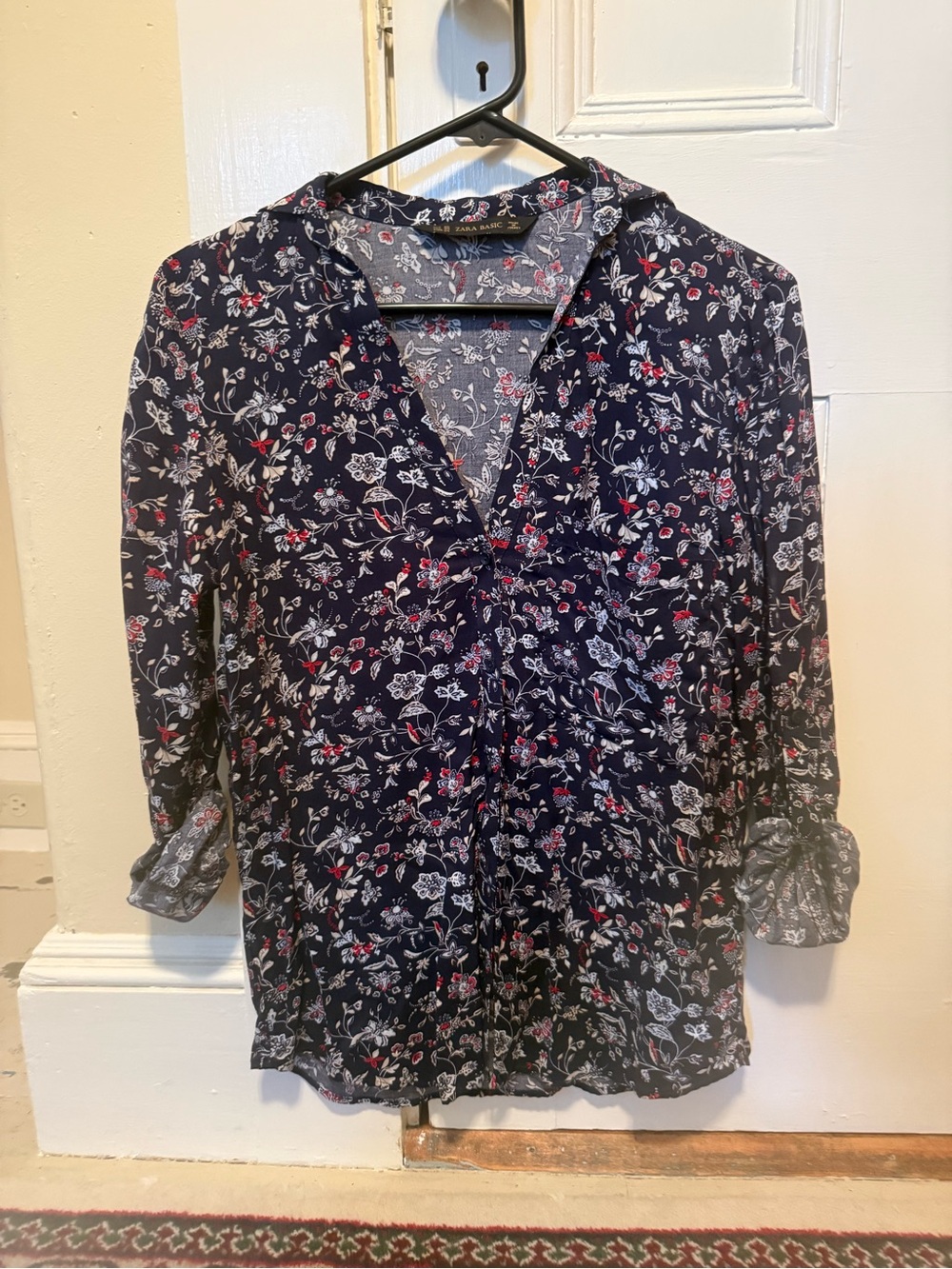 Zara Basic Blouse Blue Print 3/4 Sleeve Button